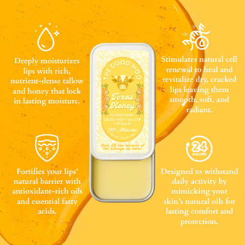 Texas Honey tallow lip balm packaging on a golden honey background with product benefits text.