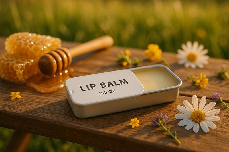 A close-up product shot of a sleek white 0.5 oz rectangular slide-top lip balm tin, placed on a wooden picnic table in a sunny meadow. The lid is slightly slid open to reveal creamy balm inside. Around the tin are fresh honeycomb, a wooden honey dipper with dripping golden honey, and scattered wildflowers. Soft golden hour lighting, natural depth of field, warm tones, highly realistic photography.