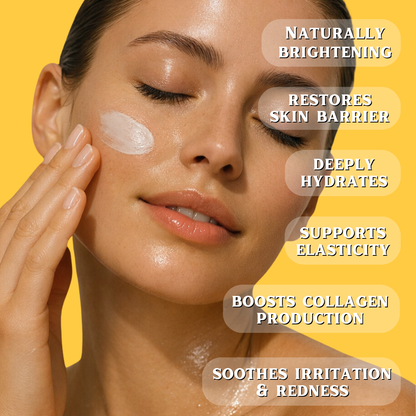 Woman applying cream to her face with text highlighting benefits on a yellow background