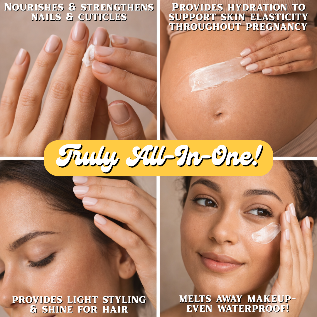 Collage of a product being applied to nails, skin, hair, and face with text highlighting its benefits.