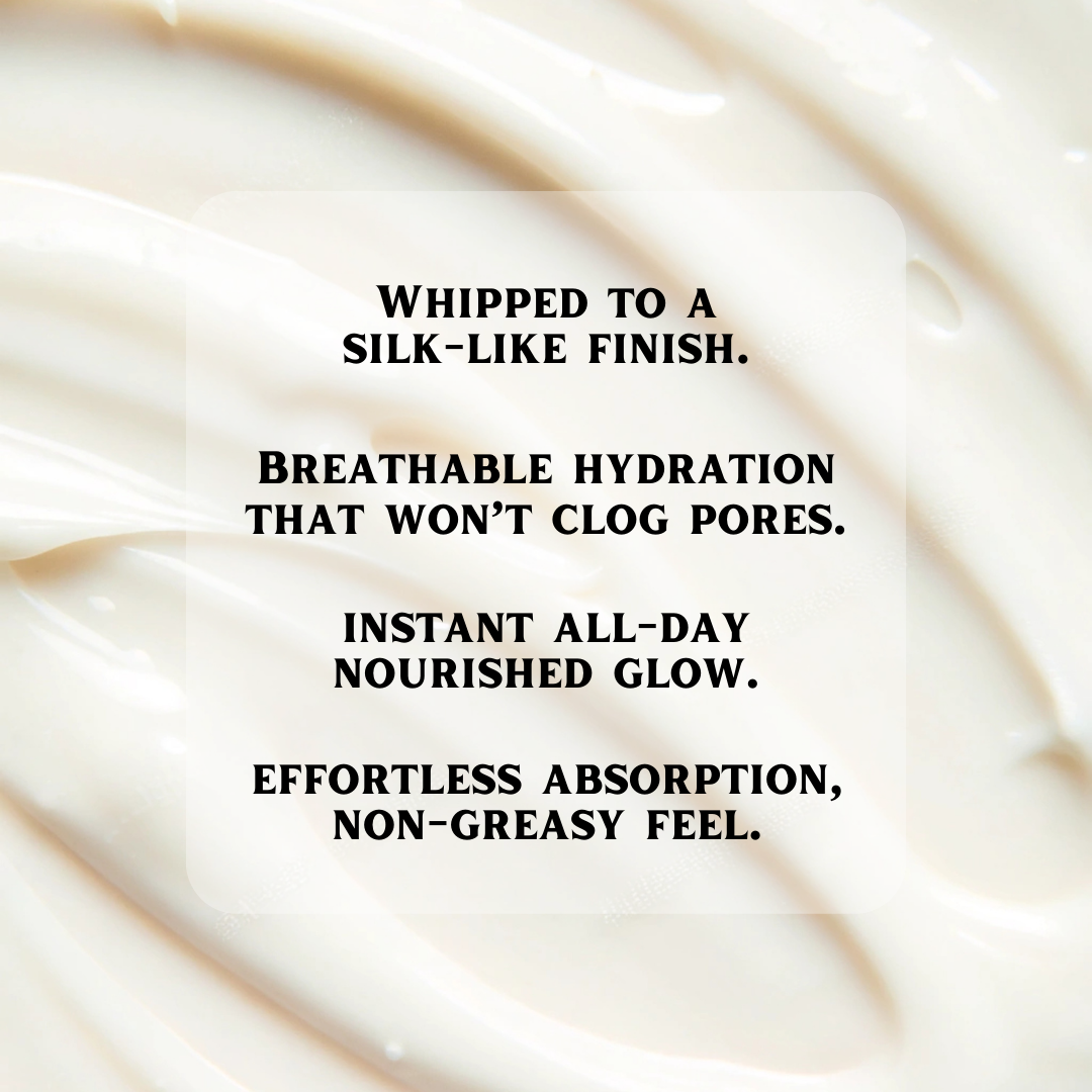 Text describing skincare product with a close-up of cream texture in the background