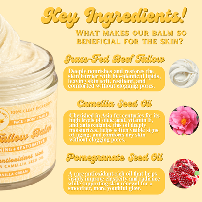 Yellow balm with key ingredients listed on a yellow background