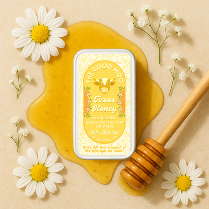 Texas Honey tallow lip balm with honey and daisies on a beige background