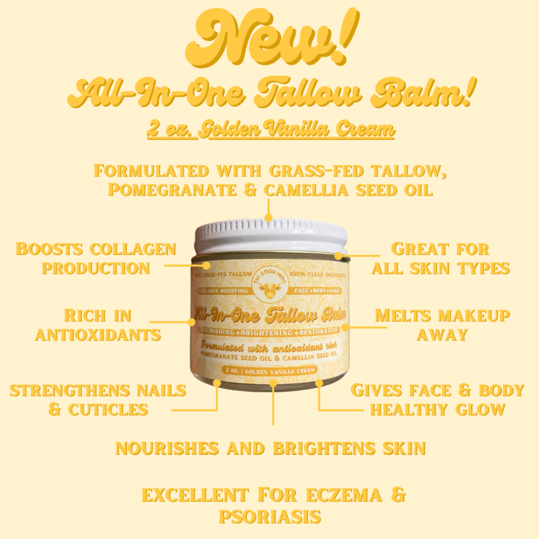 All-in-one tallow balm container with text highlighting its benefits on a yellow background