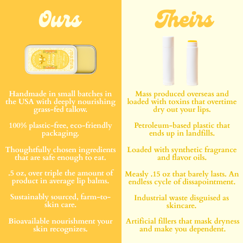 Comparison chart between 'Ours' and 'Theirs' lip balm products on a golden yellow background.