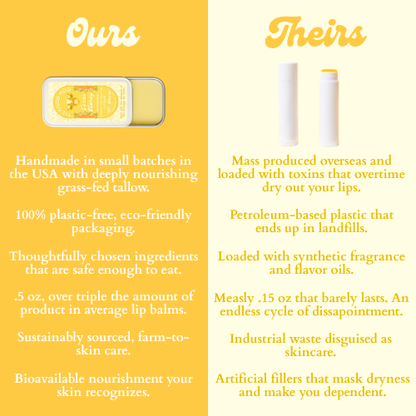 Comparison chart between 'Ours' and 'Theirs' lip balm products on a golden yellow background.