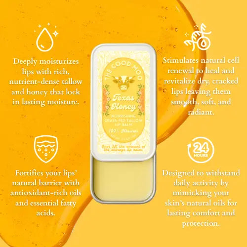 Benefits of Texas Honey Tallow Lip Balm on a golden honey background.