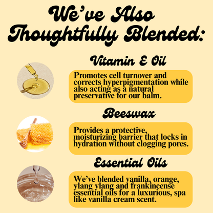 Graphic showing the key ingredients in The Good Moo All-In-One Tallow Balm, including vitamin E oil, beeswax and essential oils chosen to give skin a more even skin tone and seal in hydration as well as give a beautiful vanilla, spa-like scent.