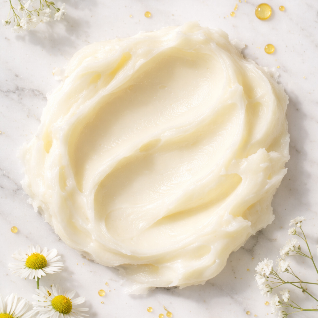 Whipped tallow on a marble surface with small flowers