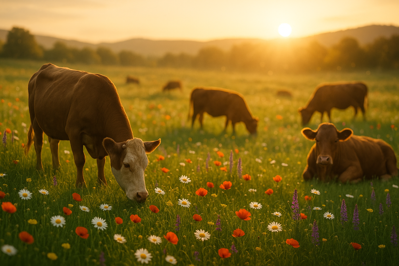 Highly photo realistic scene of cattle grazing peacefully in a lush green meadow with colorful wildflowers. The golden sun is low on the horizon, casting warm rays across the field. Rolling hills in the background, soft depth of field, dreamy countryside atmosphere. Ultra-detailed, natural lighting, cinematic realism.